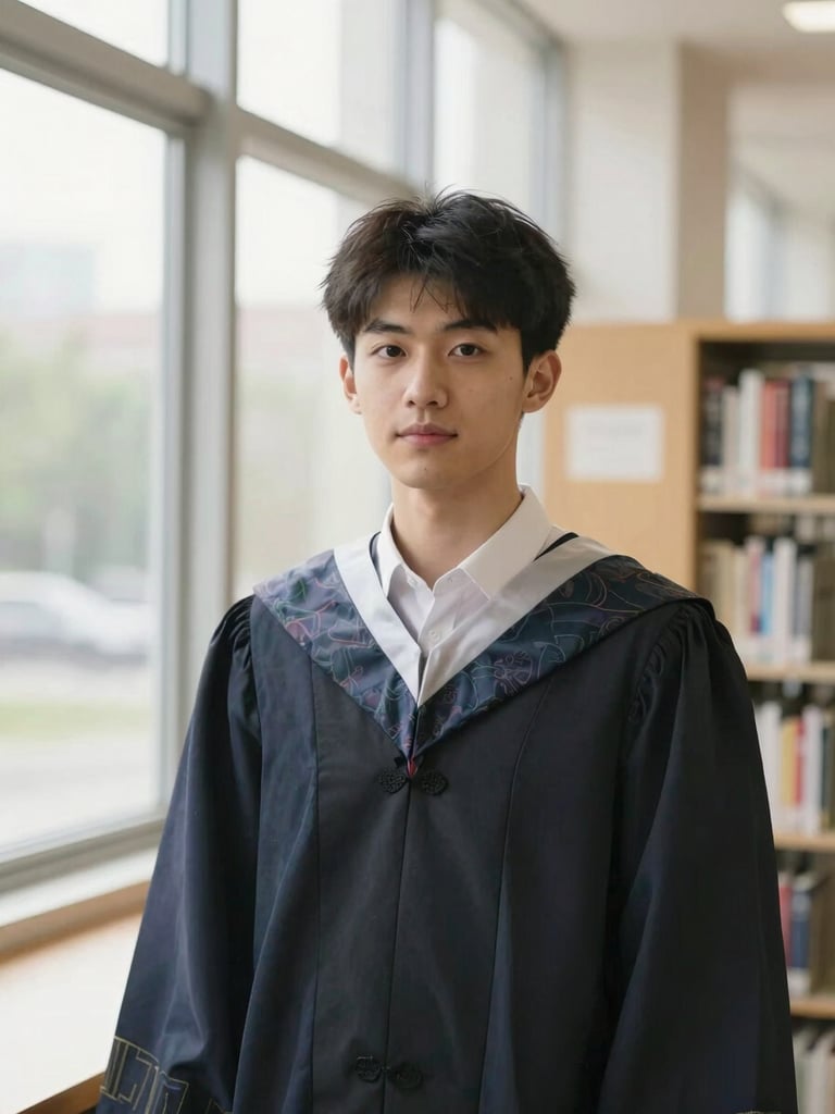 A portrait of a confident postgraduate student in a library setting, bright natural day light, shallow depth of field, authentic feel