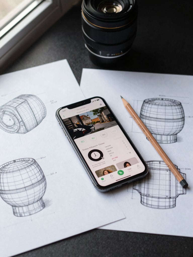 Overhead flat-lay of wireframe sketches and a smartphone showing a live website analytics screen, load-time numbers visible, natural daylight from a window, dark desk surface, pencil beside the phone