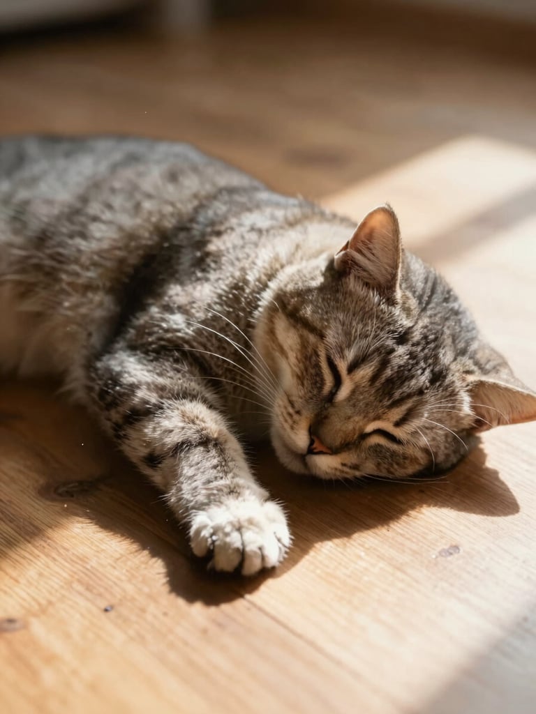Close-up of a sleeping cat curled up in a warm patch of sunlight on a wooden floor, soft dust motes, peaceful and serene atmosphere.