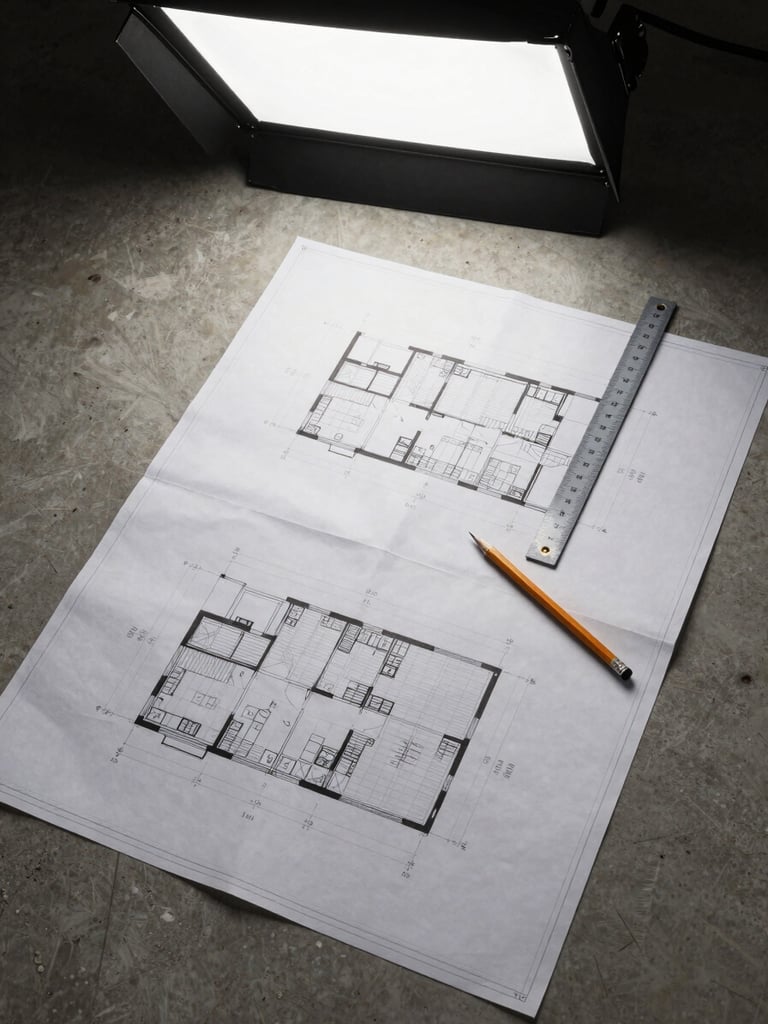Overhead flat-lay of large-format architectural plans spread on a concrete surface, a site survey ruler and pencil resting on the sheets, studio lighting from above, technical documentation visible with structural grid lines, no people, no branding