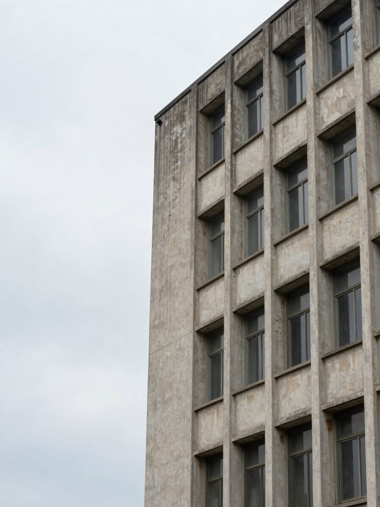 Low angle view of a weathered brutalist concrete building facade with rows of windows under a grey sky.