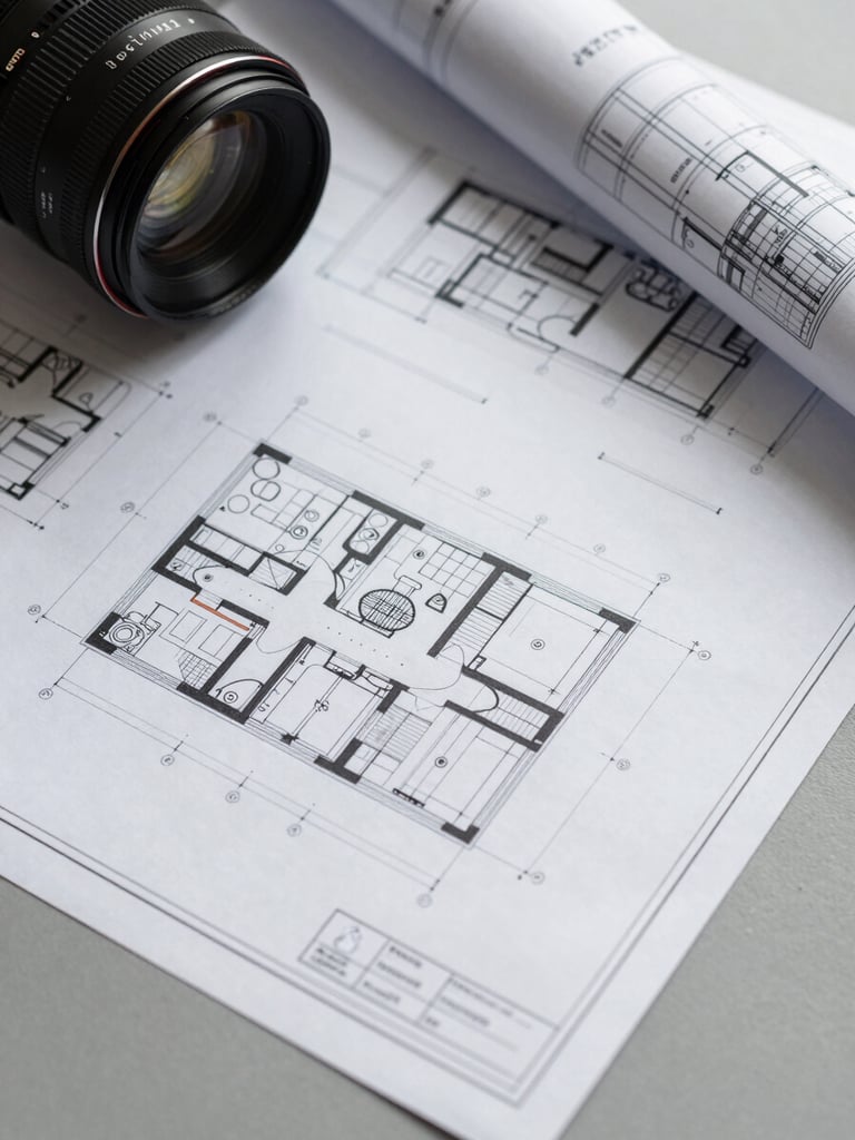 Close-up overhead flat-lay of architectural technical plans and structural assessment documents on a grey work surface, mechanical system schematics visible, overcast studio lighting, no people