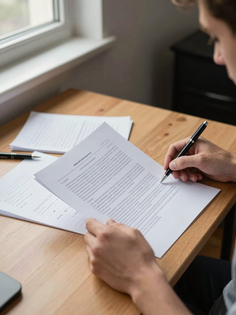 Close view of a man's hands reviewing printed documents on a wooden desk in a small office, natural window light from the left, a pen resting beside handwritten notes, functional and unhurried