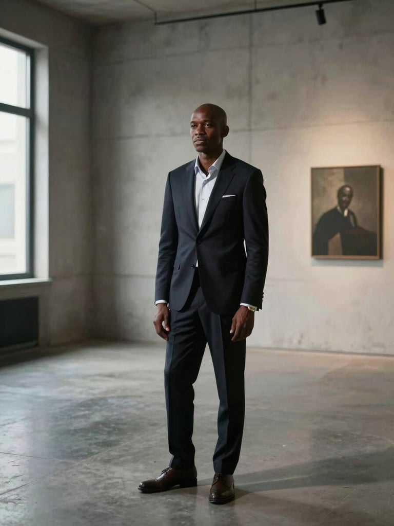 Editorial portrait of a sophisticated gallery director of African descent in a minimalist concrete gallery space, soft directional studio window light.