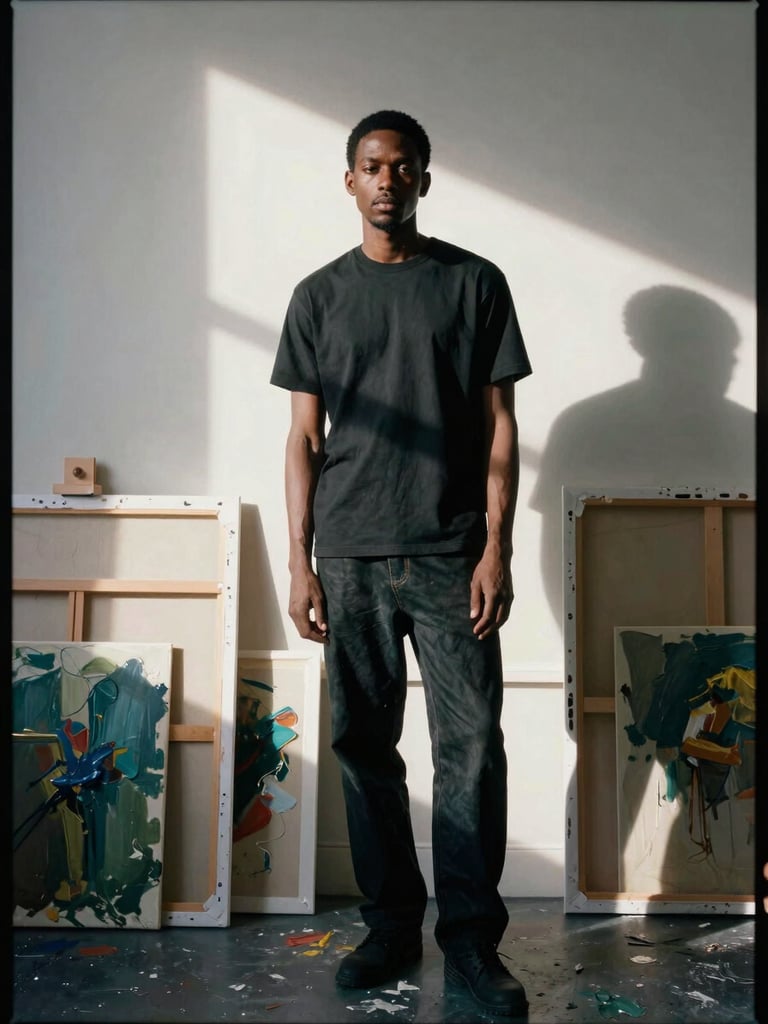 Intimate editorial portrait of a contemporary Black artist in a sunlit studio, surrounded by large stretched canvases showing rich impasto paint textures, medium format film.