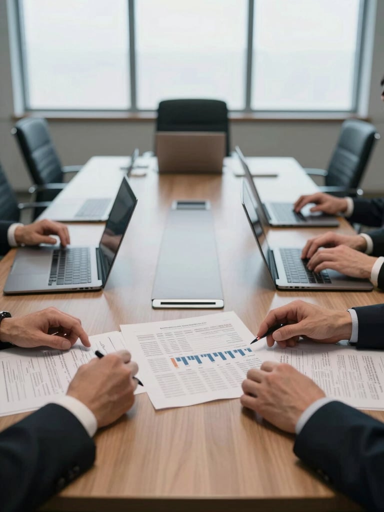 Wide environmental shot of a boardroom mid-meeting, documents and laptops open on the table, cool studio light from high windows, two sets of hands visible gesturing over a financial printout, no faces, high contrast editorial tone