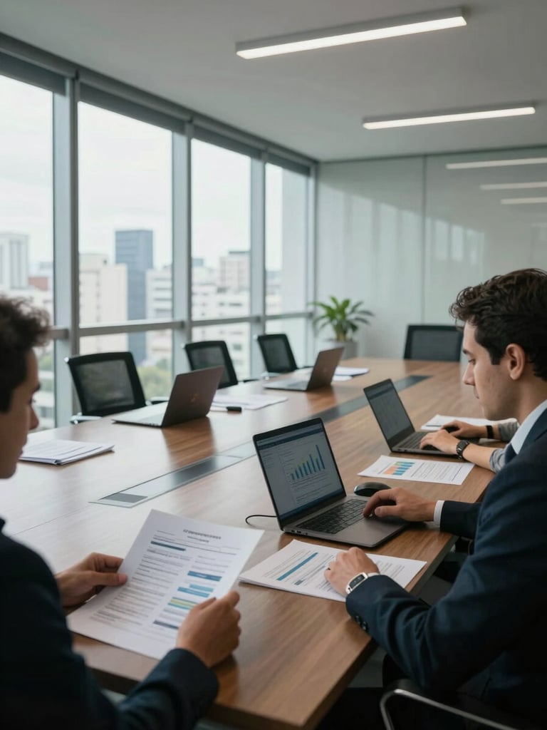Wide shot of a modern São Paulo boardroom from the side, documents and laptops open on a long table, cool north-facing daylight through floor-to-ceiling windows, two professionals reviewing printed financial pages in the foreground, high contrast, no poses