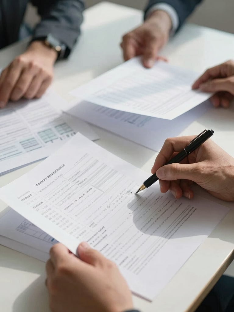 Close-up overhead of hands reviewing printed financial documents spread across a clean conference table, cool natural north-facing daylight, high contrast, no props, sharp detail on numbers and annotations