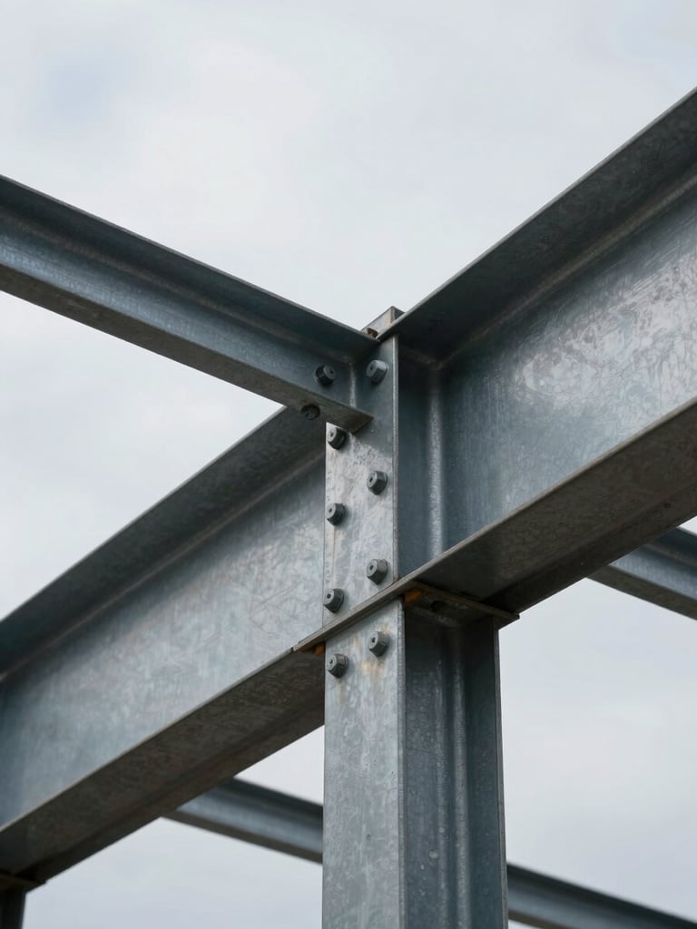 Macro architectural detail of a heavy-duty steel-to-timber joint, bolted clean lines, overcast crisp daylight highlighting the structural engineering