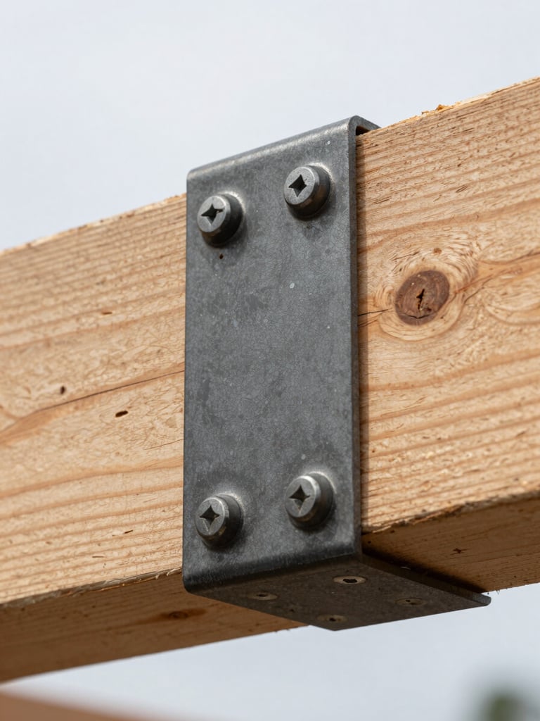 Macro detail shot of a heavy-duty steel-to-timber joint, black powder-coated steel bracket bolted into a massive cedar beam, crisp overcast daylight.