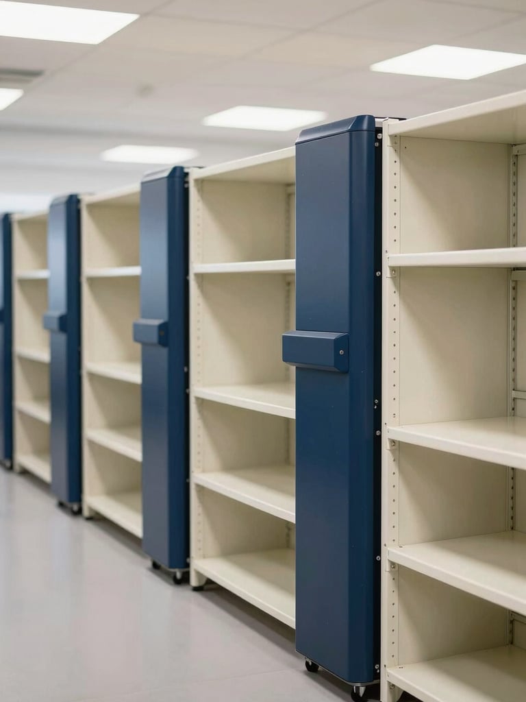 Clean logistics facility interior, wide shot of organized shelving and automated systems, bright natural daylight, professional corporate photography