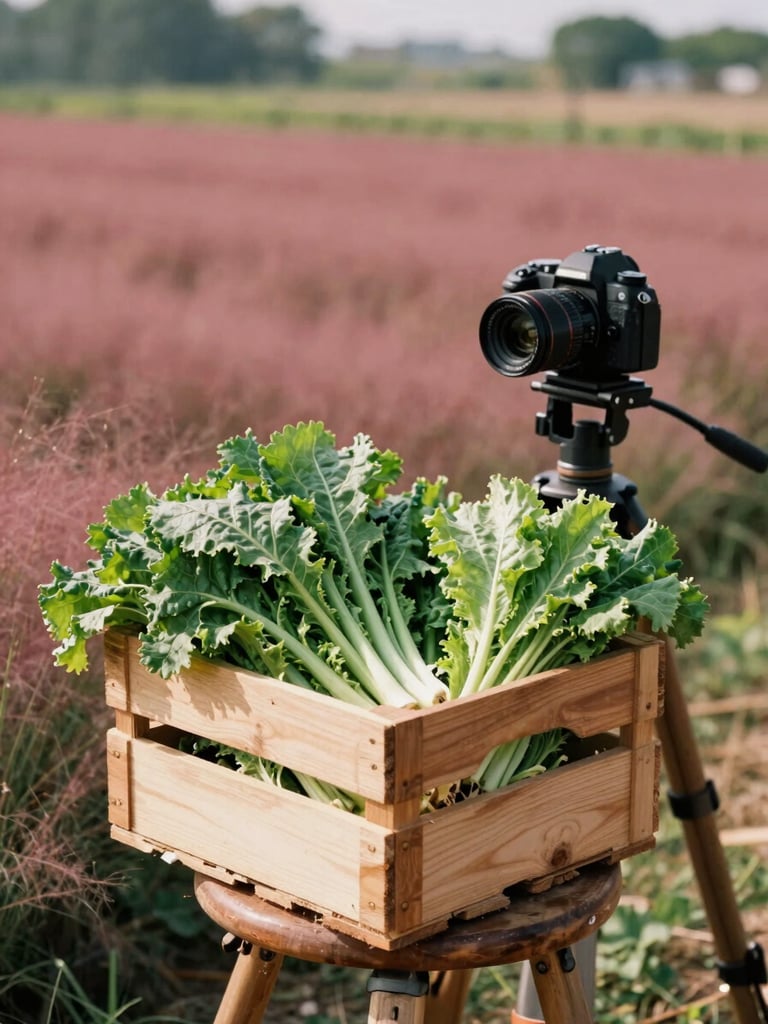 A camera setup on a rustic wooden tripod positioned in a sunlit field, focusing on a wooden crate overflowing with freshly cut greens, soft natural side light, 35mm film.