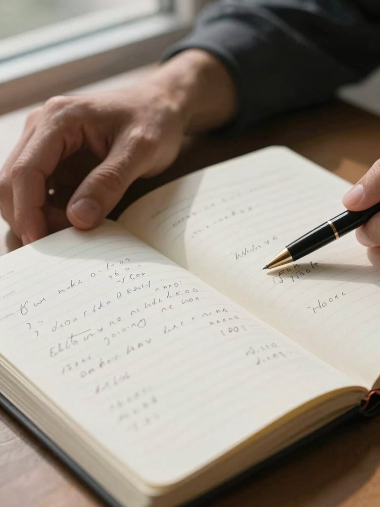 Close-up of hands resting on an open paper notebook filled with handwritten financial notes, daylight from a window casting soft shadows across the page, pen resting diagonally at the top
