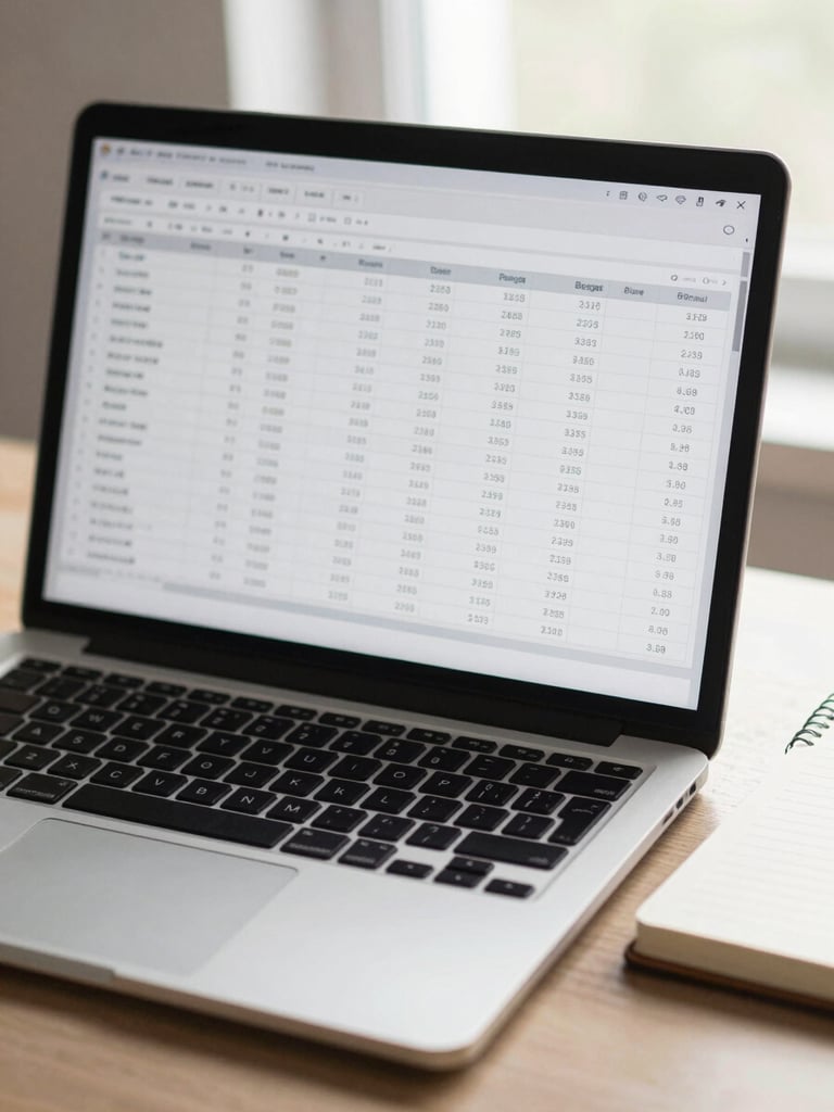 Close-up of a laptop screen displaying a clean financial spreadsheet with tidy rows of numbers, soft daylight from a nearby window illuminating the keyboard and a small open notebook beside it, minimal desk surface visible