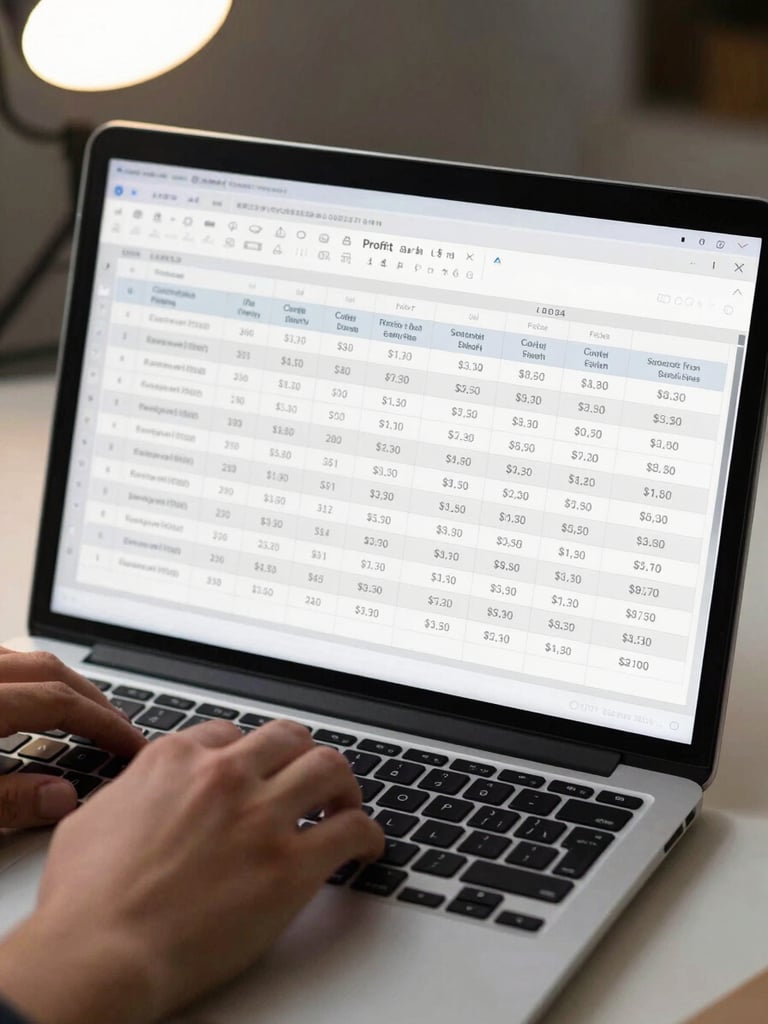 Laptop screen displaying a clean spreadsheet with profit-and-loss rows, soft studio overhead light, hands resting at the keyboard edge, minimal desk surface visible below