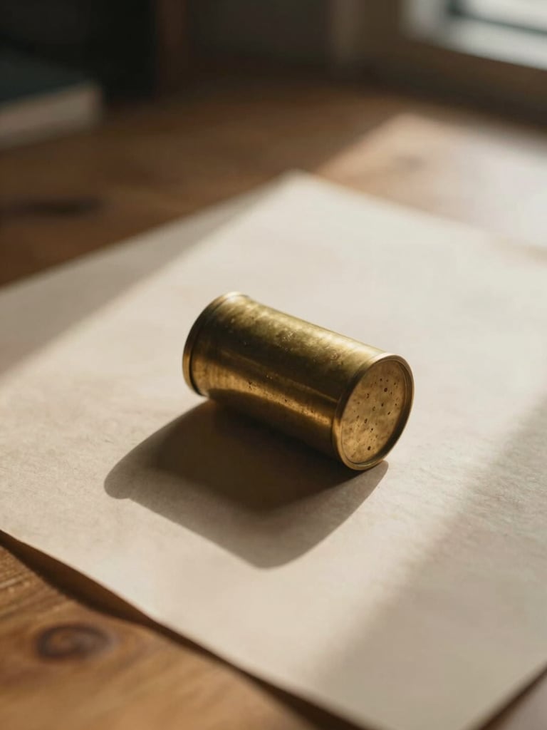 Close-up of a heavy brass cylinder resting on hand-torn heavy paper, warm morning light casting a long soft shadow, oak desk surface, shallow depth of field