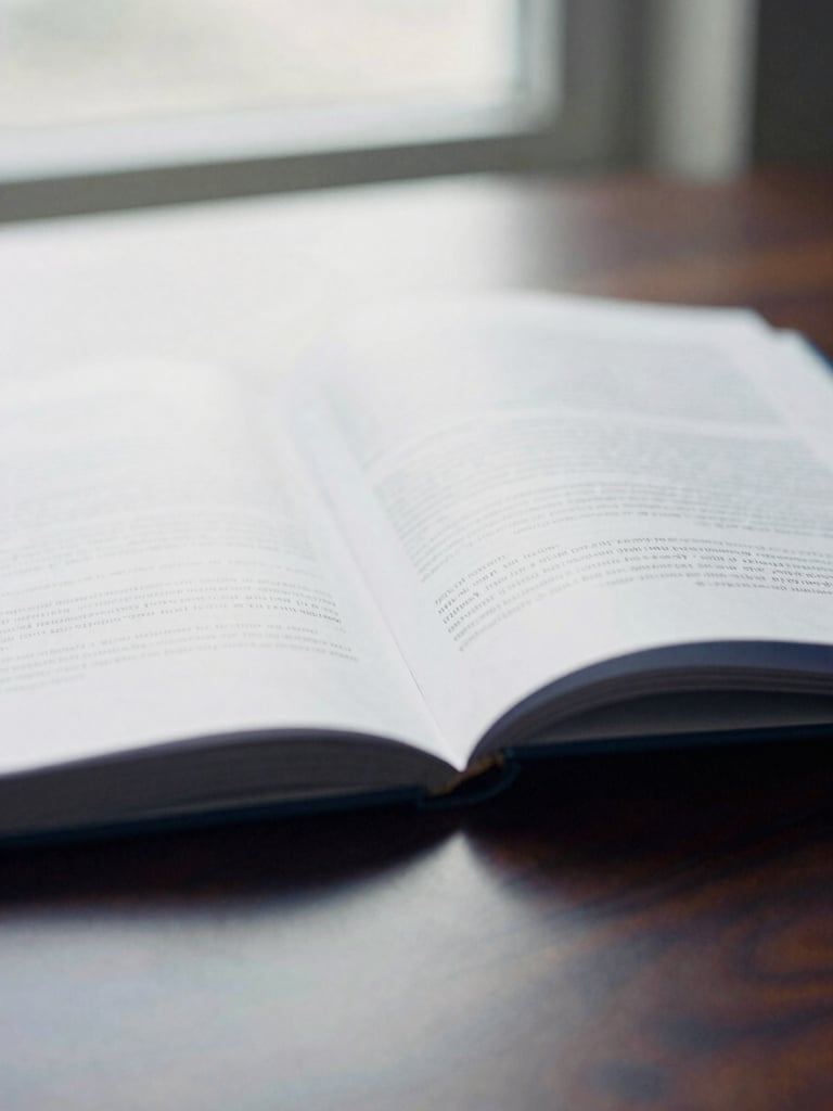 Tight, off-center macro shot of an open academic white paper on a dark wooden table, soft overcast daylight from a window, shallow depth of field, 35mm film