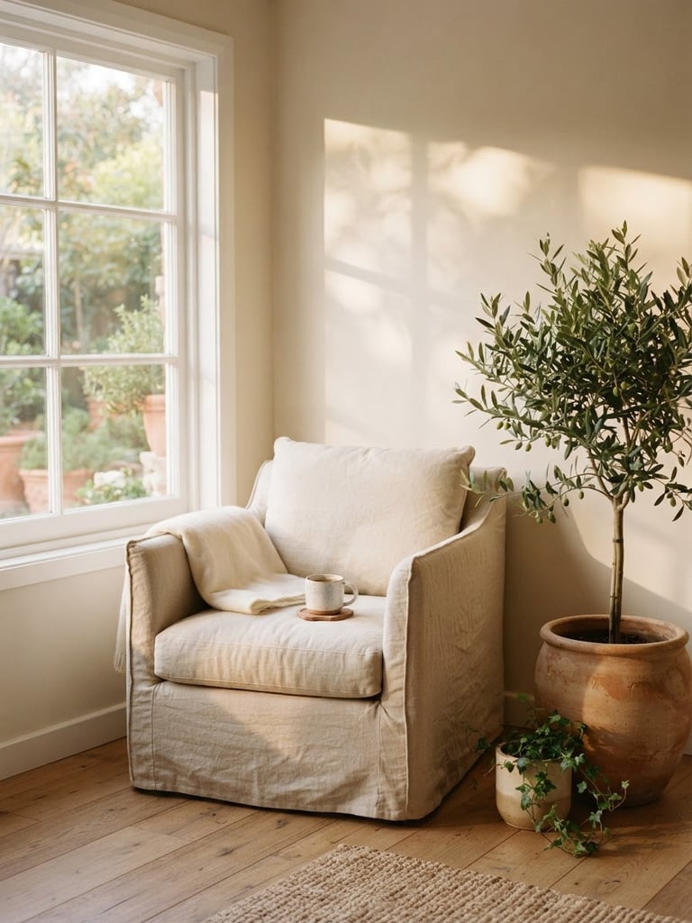 A sun-drenched minimalist interior with soft morning light filtering through a window onto a natural linen-covered chair next to a potted olive branch, serene shadows, warm editorial style