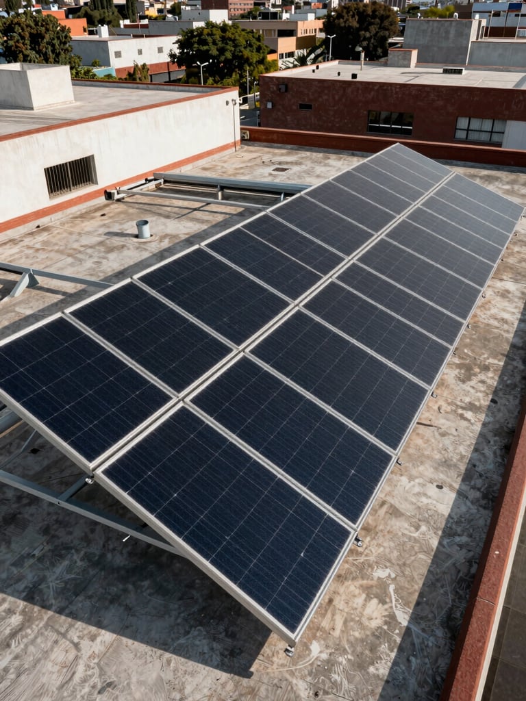 Wide environmental shot of photovoltaic solar panels mounted on a flat commercial rooftop in Guadalajara, angled slightly to show panel depth and mounting rails, afternoon daylight casting short shadows, urban surroundings visible in background
