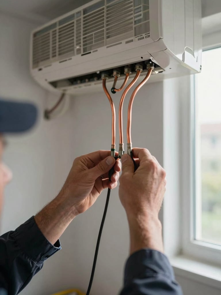 Close-up of a certified technician's hands tightening copper refrigerant lines on a newly installed split AC unit mounted on an interior wall, natural morning daylight from a nearby window, tools and conduit visible in the background, sharp technical detail