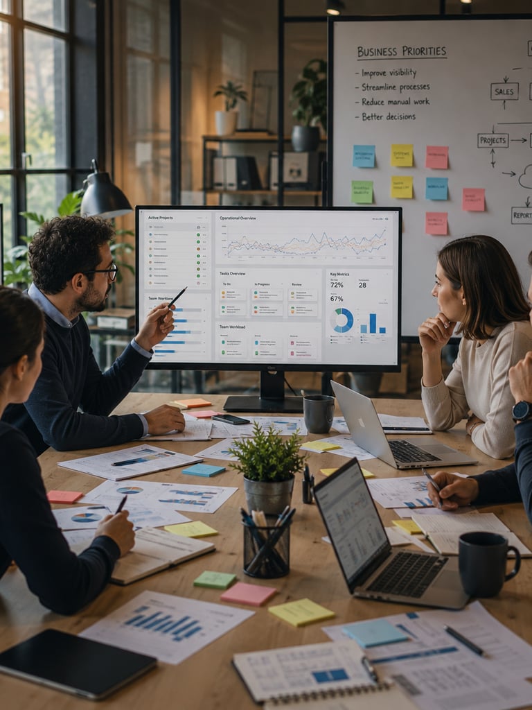 Business professionals coordinating operations, workflows and business software solutions in a growing organization.