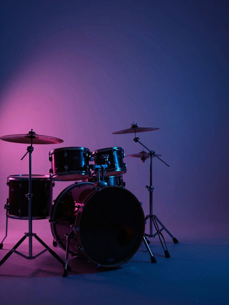 Wide atmospheric studio shot, a drum kit silhouetted in the left frame under deep blue and pink stage backlighting, moody high-contrast environment, drum hardware catching neon reflections, negative space on the right