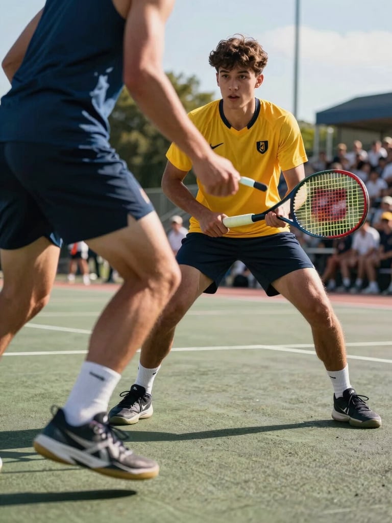 Close crop of an athlete driving past a defender on an outdoor court under bright afternoon sun, motion sharp, team colors vivid, crowd visible in the shallow background