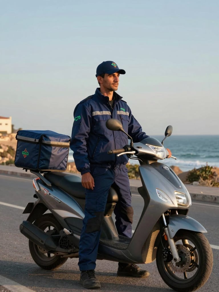 Portrait of a professional Moroccan courier in clean dark blue gear standing next to his motorbike on a coastal road in Safi, warm golden hour light, high contrast.