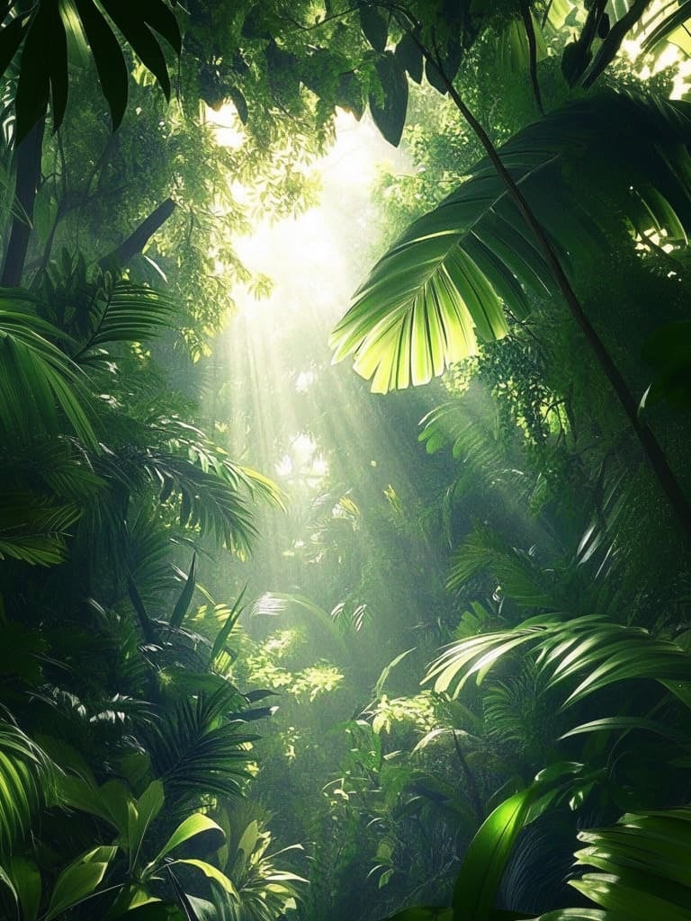 Selva densa y vibrante con vegetación exuberante, donde la luz suave y azulada atraviesa el dosel