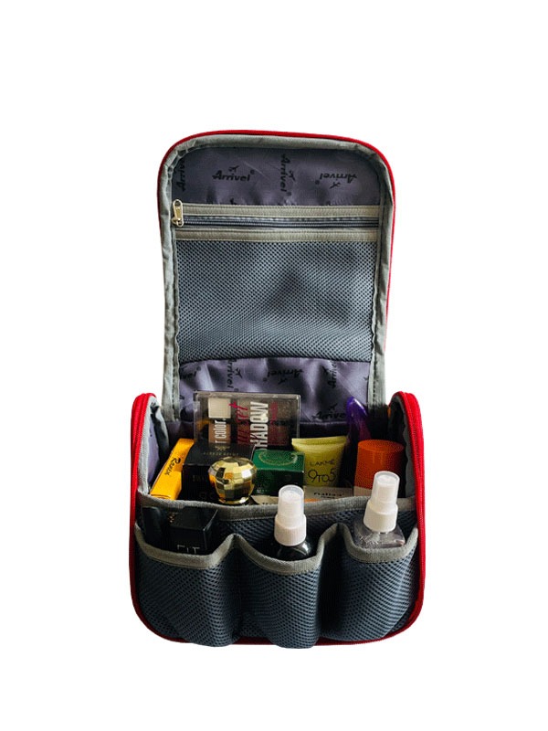 red makeup bag with multiple space to keep products