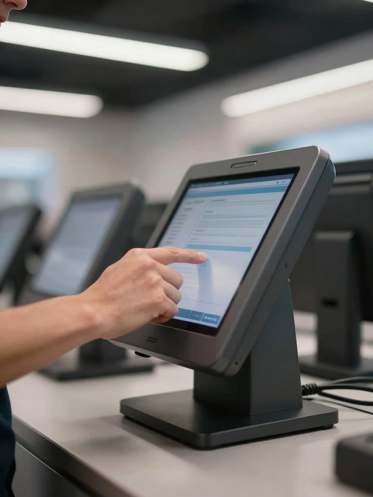 Close-up of a technician's hands configuring a touch POS terminal on a retail counter, cables visible at the rear, ambient store overhead lighting, steel-gray equipment surface, no posed subjects
