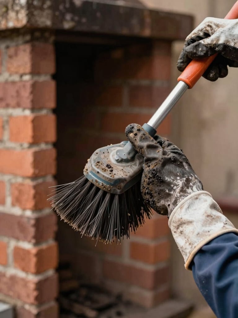 Close-up documentary shot of a chimney sweep's gloved hands gripping a wire brush handle, creosote residue visible on the bristles, a brick flue interior softly out of focus behind, warm task lighting illuminating the tool detail