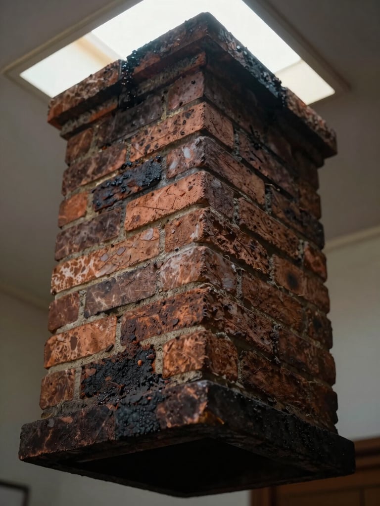 Close-up interior view of a brick chimney flue, angled slightly upward from below, natural daylight entering from the top of the stack, textured creosote buildup visible on the flue walls, deep shadows at the base, documentary detail framing