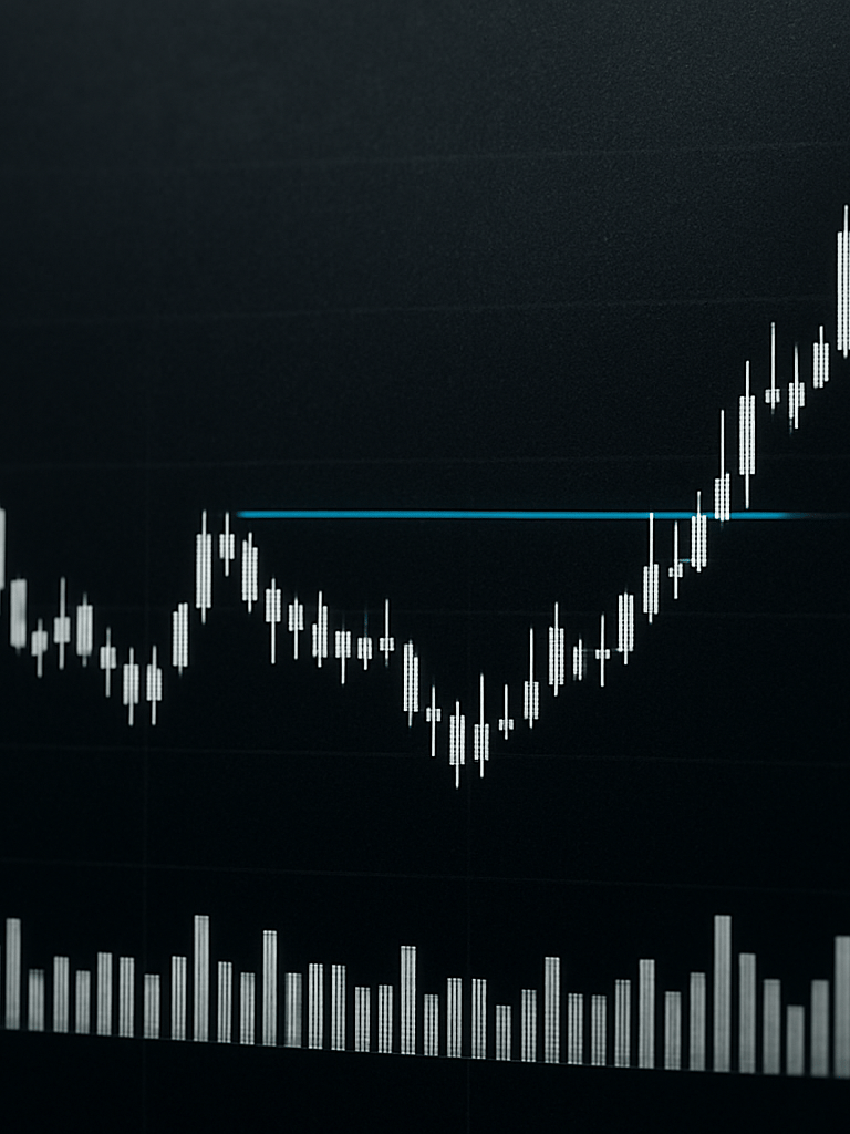 Wide panoramic close-up of a candlestick chart price structure overlay, high-contrast white volume bars against deep charcoal, annotated shakeout zone highlighted with a cold metallic blue line, no text, data-visualization aesthetic