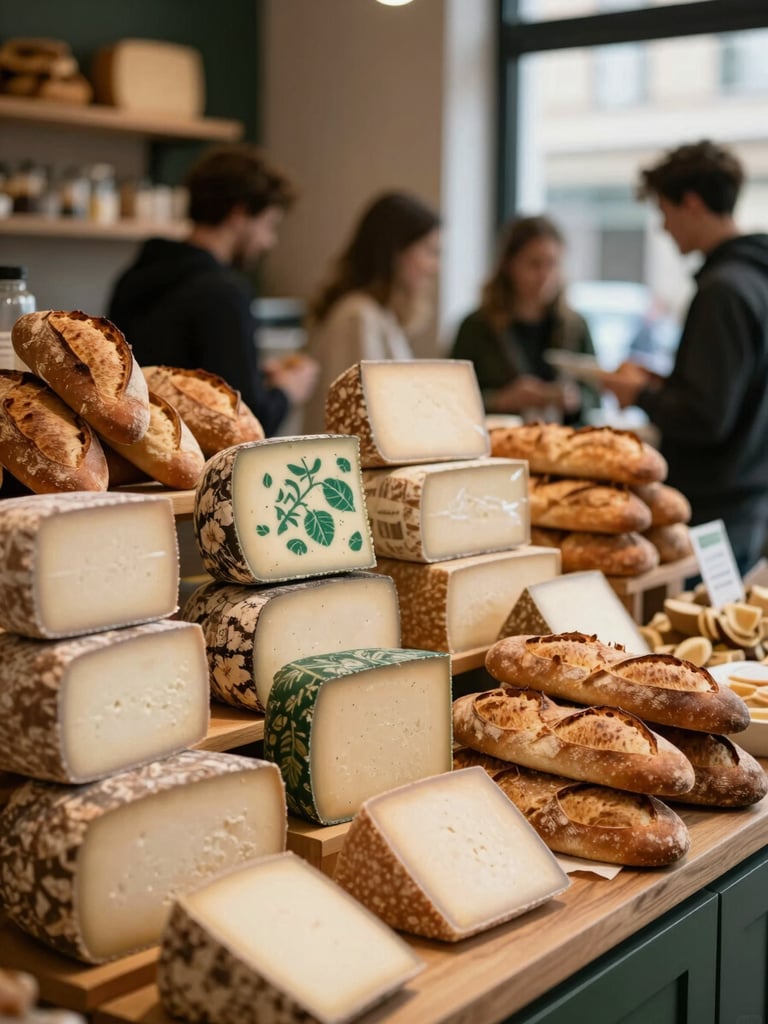 A modern food market stall with artisanal cheeses and fresh sourdough bread, people blurred in background, warm lighting