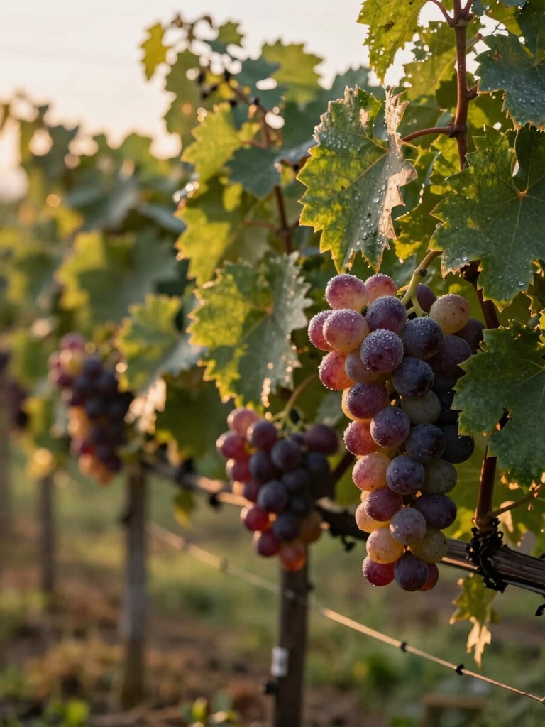 An organic vineyard at sunrise, dew on grapes, soft golden hour daylight, majestic and calm