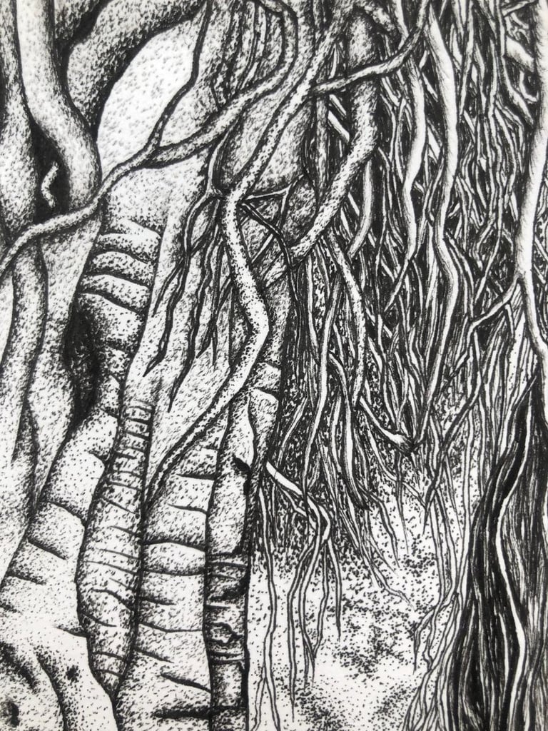 Ink drawing of an ancient banyan tree intertwined with aerial roots