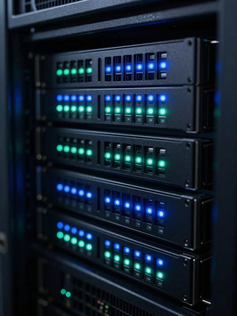 Macro close-up of a server rack with cool blue and green status LEDs glowing in a dark room, sharp technical focus