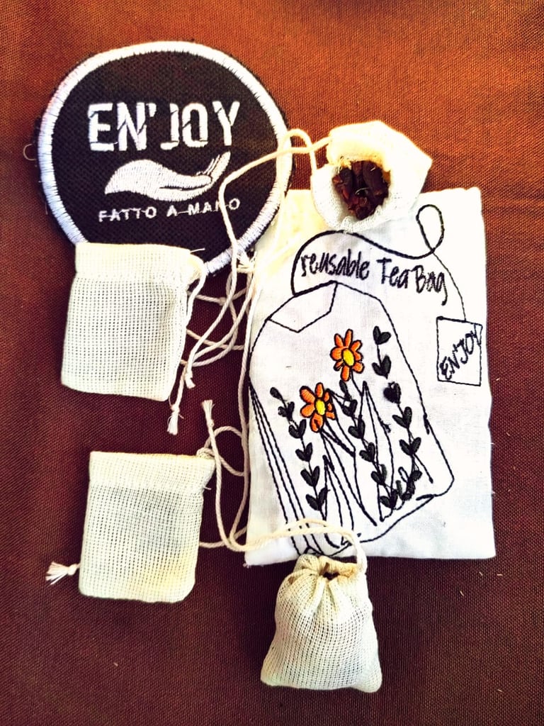 handmade cotton recyclable tea bags on a table