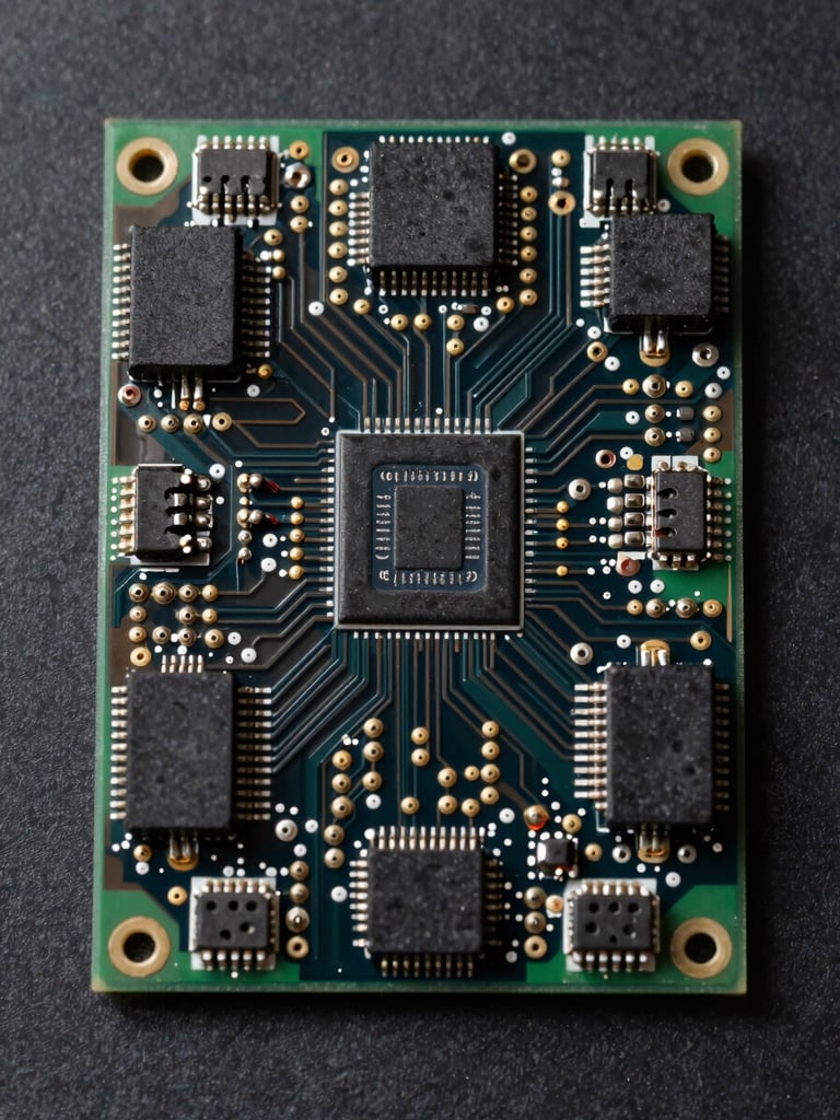 Overhead close-up shot of a custom PCB circuit board on a matte black surface, solder joints and component traces sharply in focus, neutral flat studio lighting with no reflections, full-frame fill with no background visible beyond the board edges