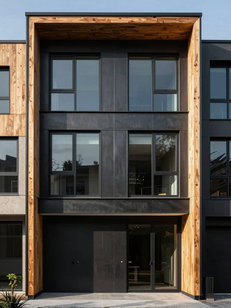 Straight-on architectural elevation of a modern residential facade, high-contrast morning light, dark steel panels and natural cedar siding.