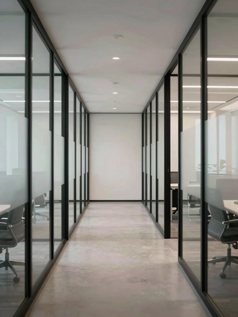 Minimalist commercial interior office space, straight-on view of integrated glass partitions and black powder-coated aluminum framing.