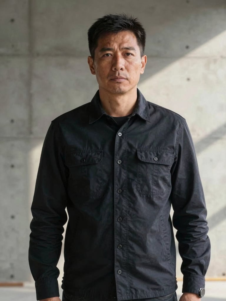 Straight-on architectural portrait of a construction director in clean dark apparel looking off-camera, soft morning light, concrete wall background