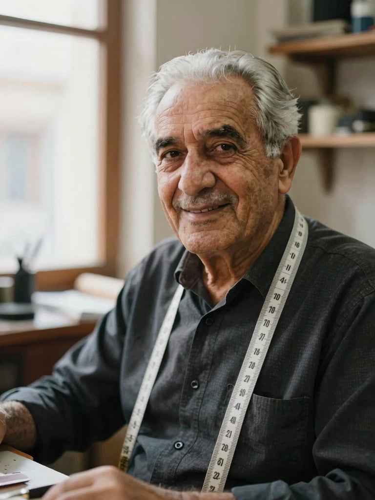 Portrait of an elderly master tailor with silver hair, wearing a measuring tape around his neck, smiling warmly in a sunlit Istanbul atelier, 35mm editorial style