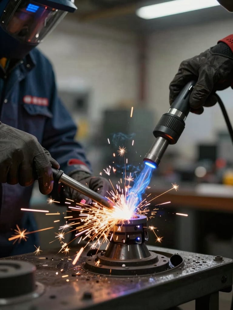 Primer plano de antorcha MIG activa, chispas controladas en foco nítido, ambiente de taller industrial con iluminación de alto contraste.