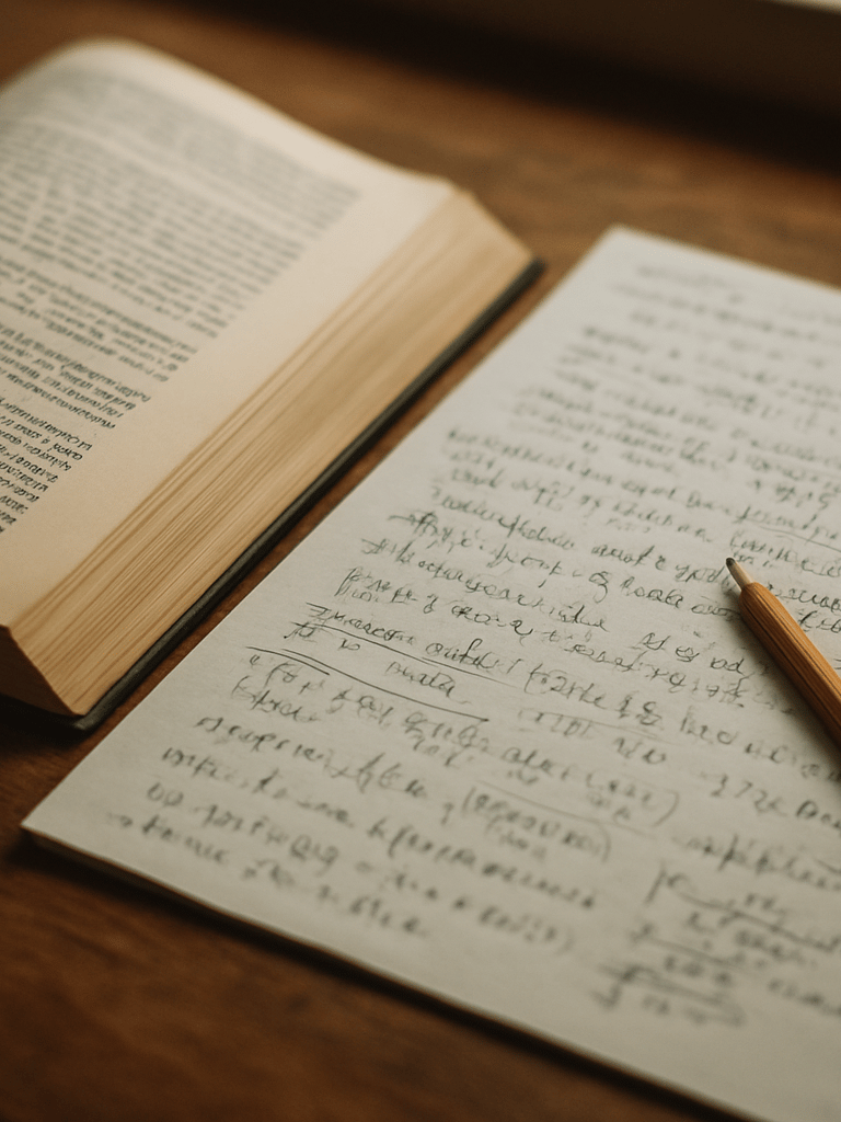 Overhead close-up of an open textbook with densely annotated handwritten notes beside it on a wooden desk, natural window light casting soft shadows, a pencil resting on a solved problem set, shallow depth of field isolating the page detail