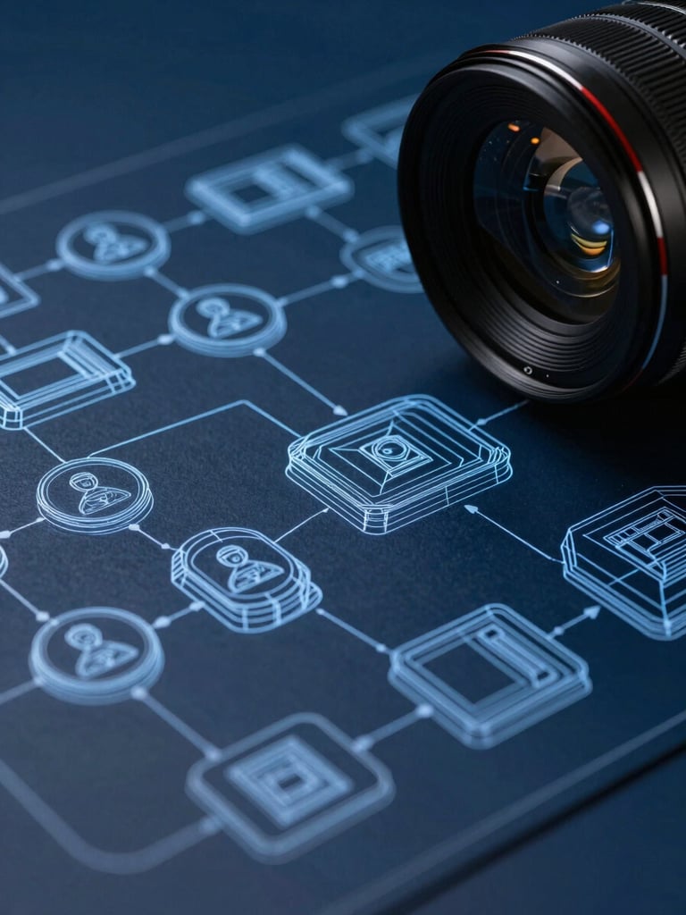 Cool-toned technical wireframe schematic of a digital user flow, sharp vector lines on a dark blue background, macro studio lighting, high contrast.