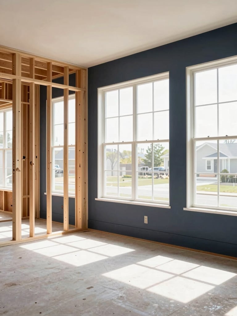 Crisp architectural photography of an active DFW home renovation, clean wood framing and drywall visible, bright natural daylight flooding through wide windows, high-contrast shadows