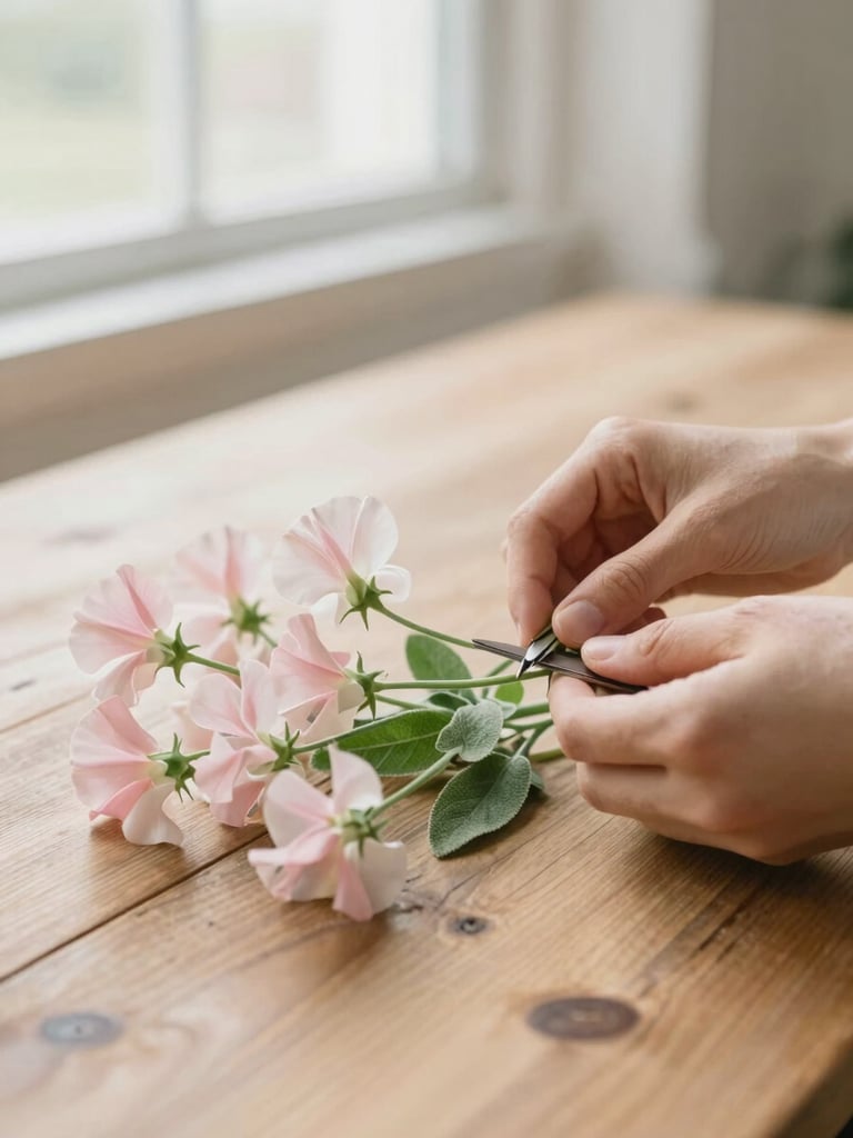 Hands gently trimming stems of delicate pink sweet peas and sage green leaves on a rustic wooden table, soft diffused overcast daylight, shallow depth of field