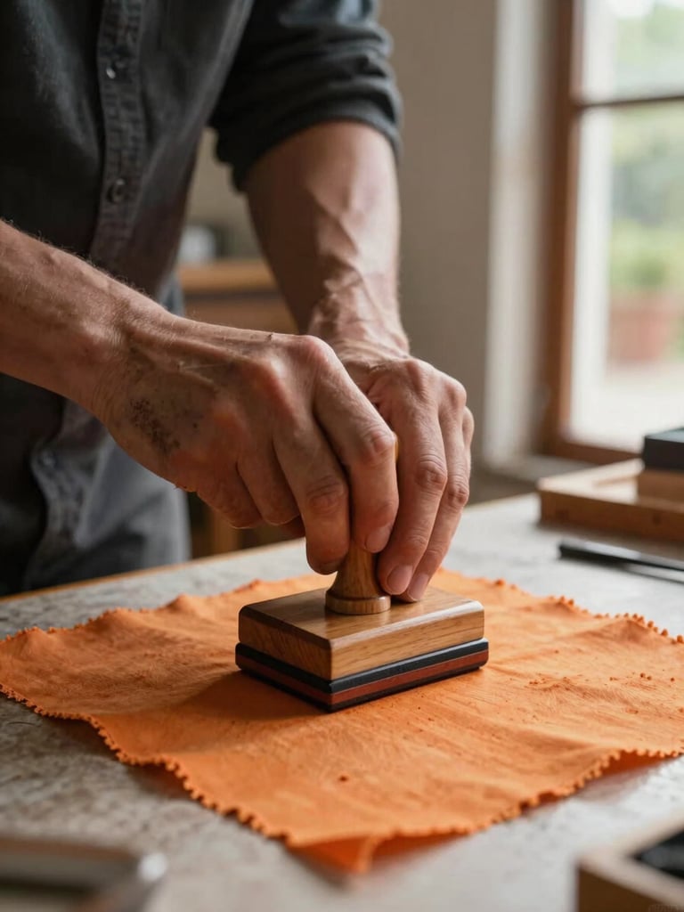 Tight close-up of a maker's hands pressing a wooden block stamp into orange-dyed fabric on a low table, fingers ink-stained, natural daylight from a courtyard door to the right